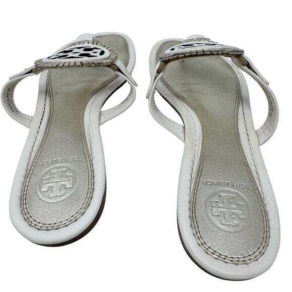 TORY BURCH Metallic Gold Cream Fringe Miller Logo Sandals Flip Flops Size 6.5 - Picture 5 of 12
